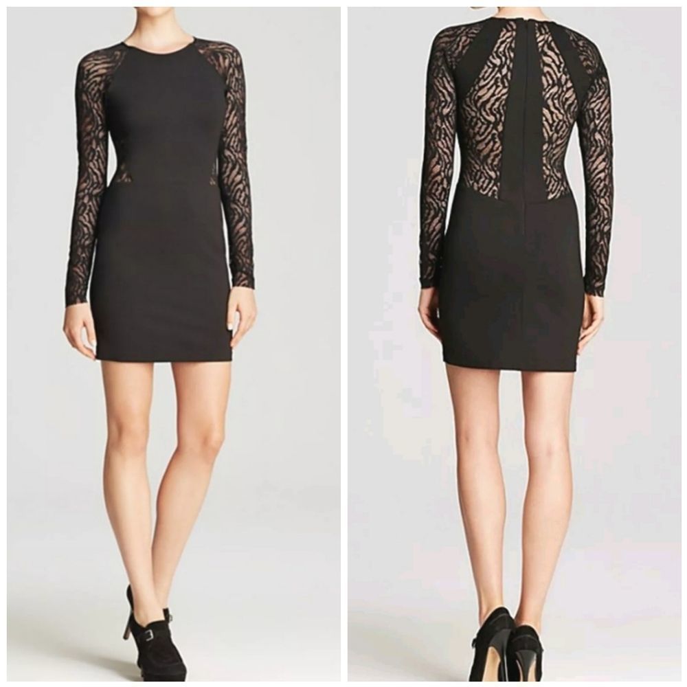 Parker black fitted lace ling sleeves stretchy  mini dress  size small